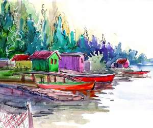 عکس با کیفیت نقاشی قایق و ساحل